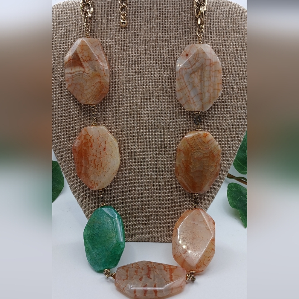 Anthropologie Brown and Green Statement Necklace with Natural Stones NWT